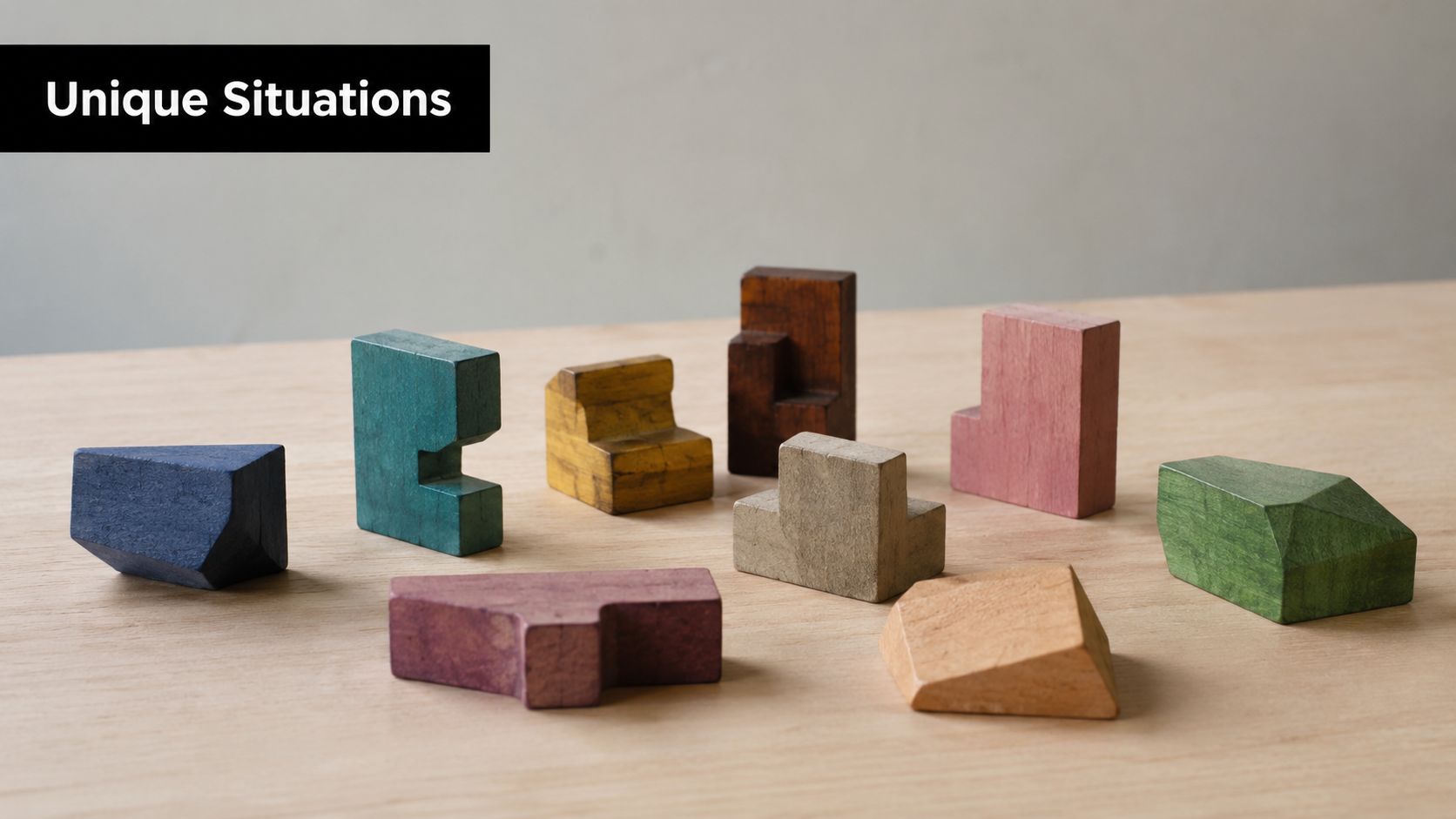 A collection of colorful, oddly shaped wooden puzzle blocks arranged on a plain wooden tabletop surface.