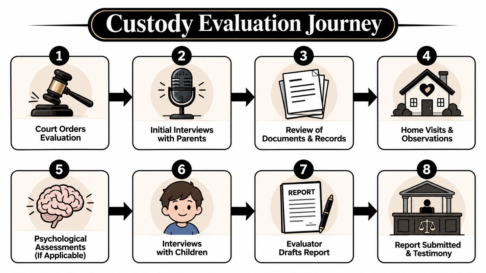 An infographic showing the eight steps of the child custody evaluation journey from court orders to testimony.