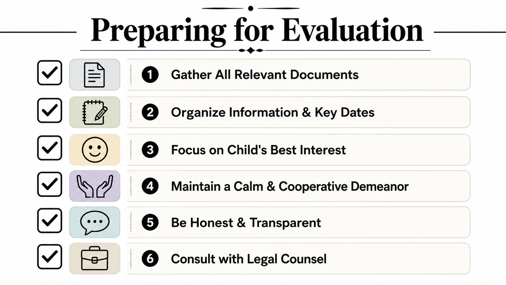 A checklist infographic titled Preparing for Evaluation listing six steps for child custody or legal evaluations.