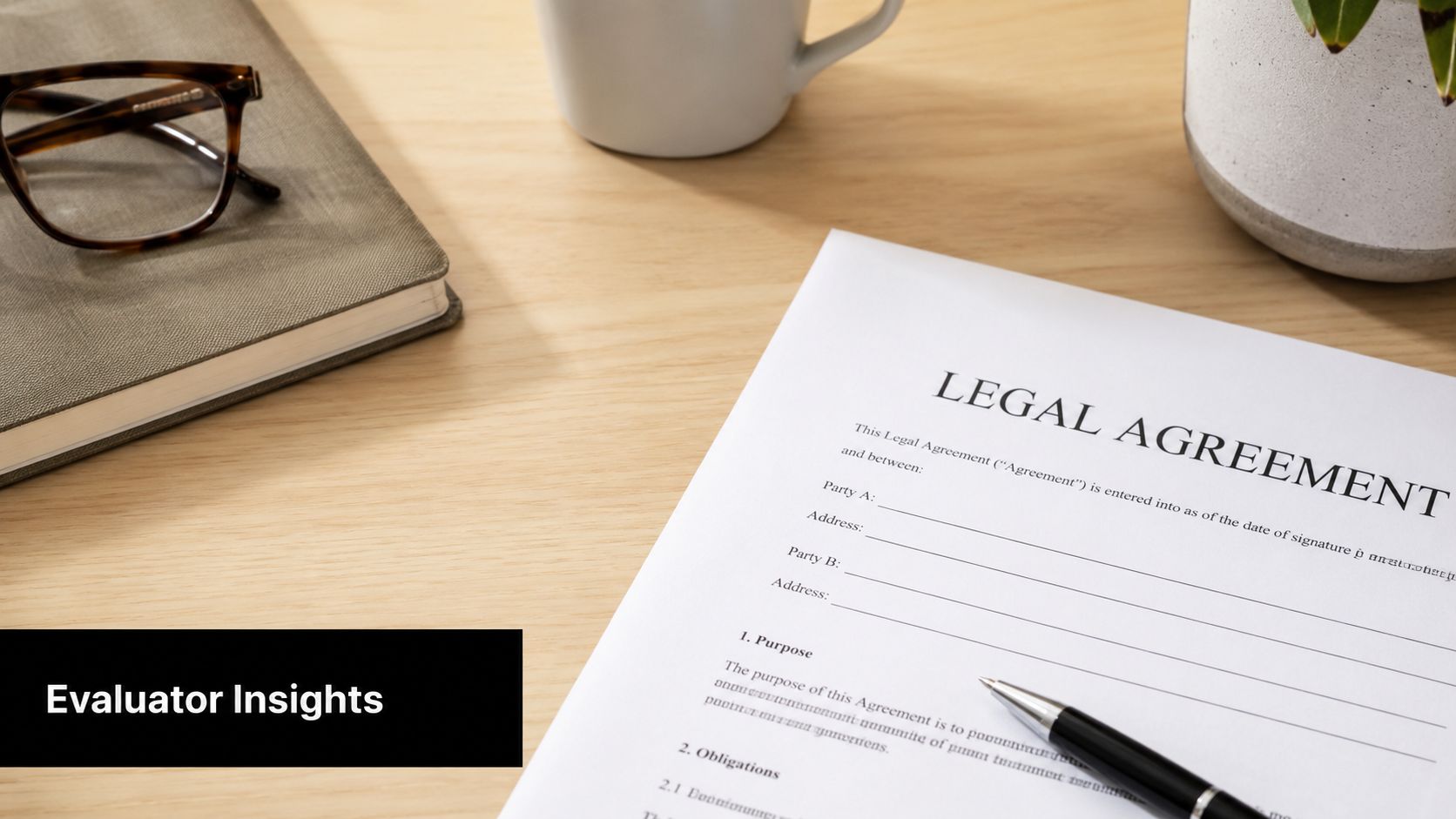 A legal agreement document on a wooden desk with glasses, a pen, and a coffee mug.