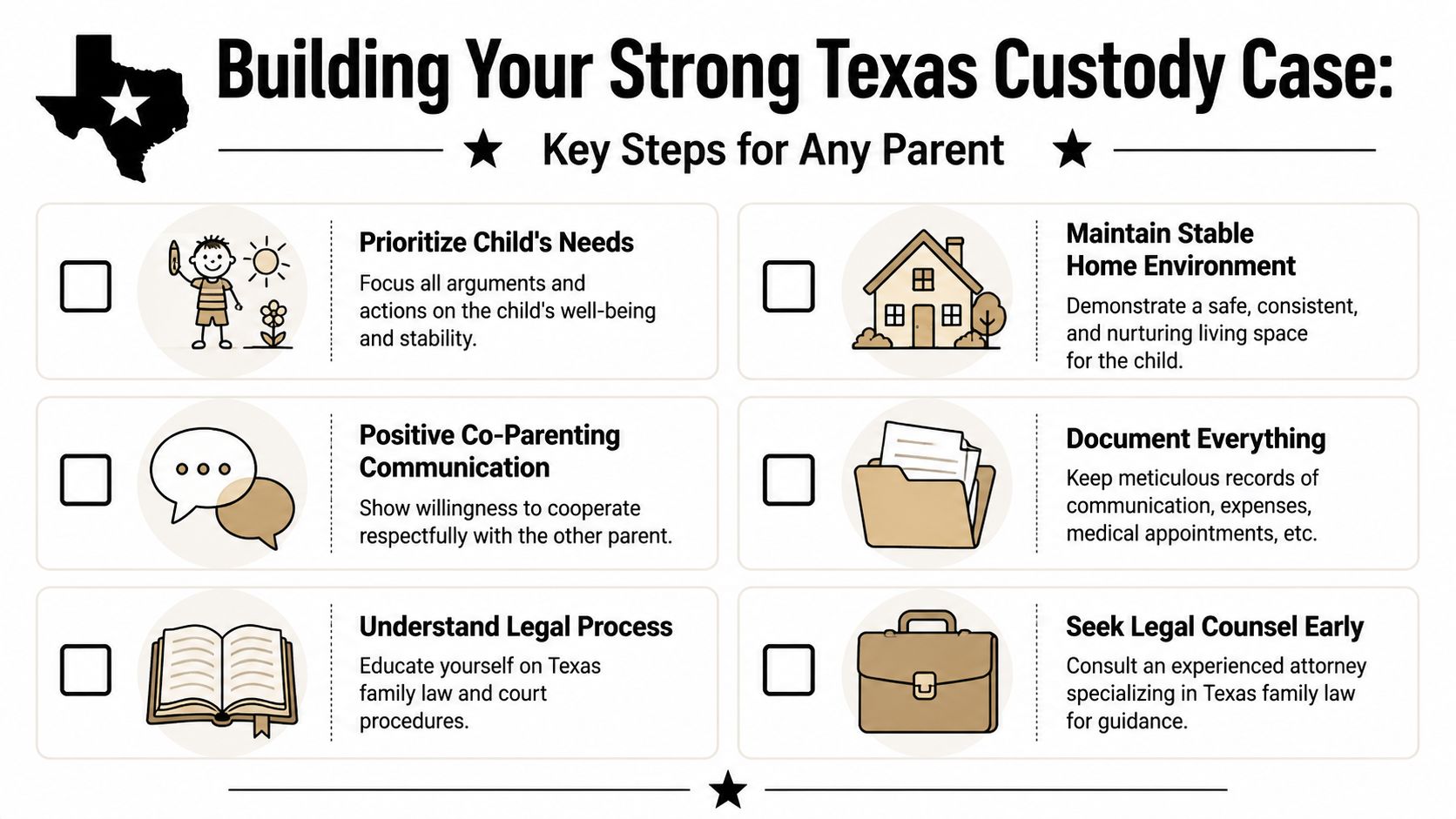 A checklist infographic outlining key steps for building a strong child custody case in Texas.