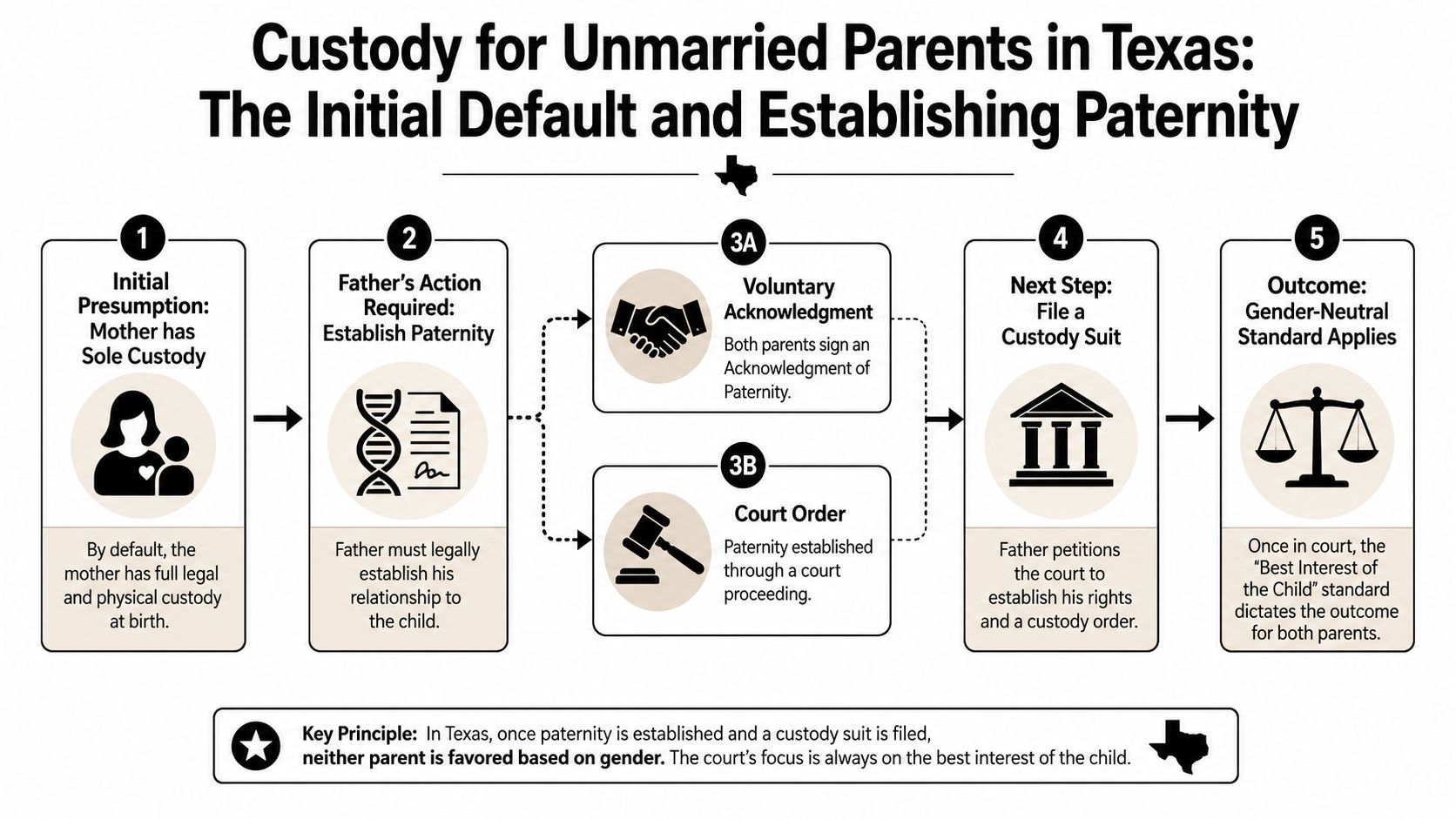 A flowchart explaining the legal steps unmarried fathers take to establish paternity and custody in Texas courts.