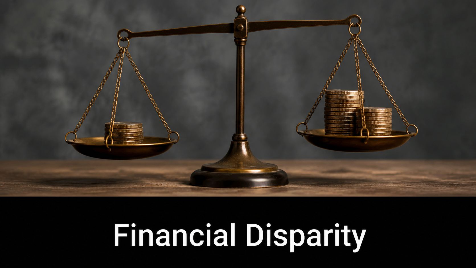 A balanced scale holding stacks of gold coins representing the concept of financial disparity and inequality.