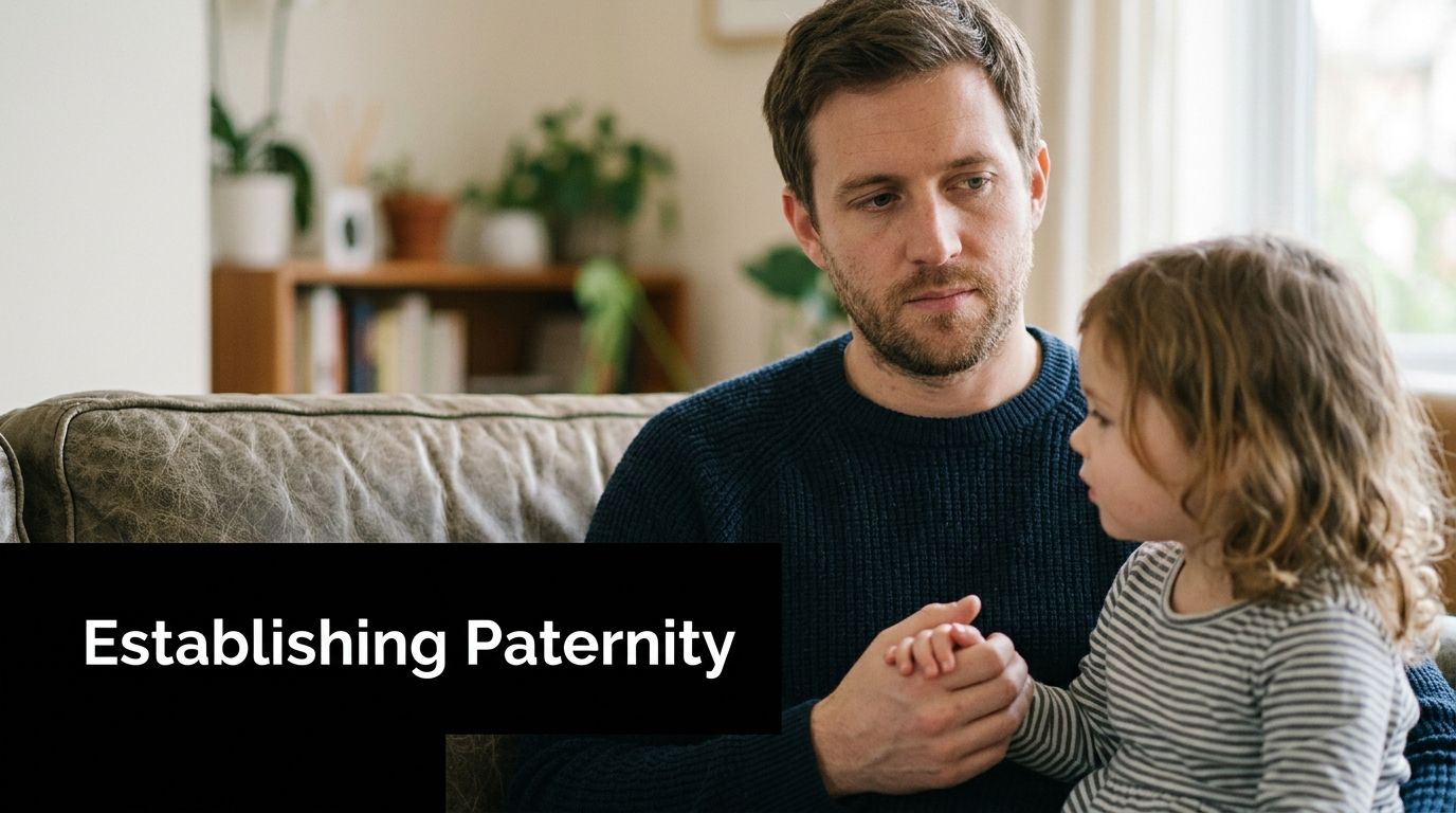 A father sitting on a couch, holding his young daughter's hands, with a somber expression.