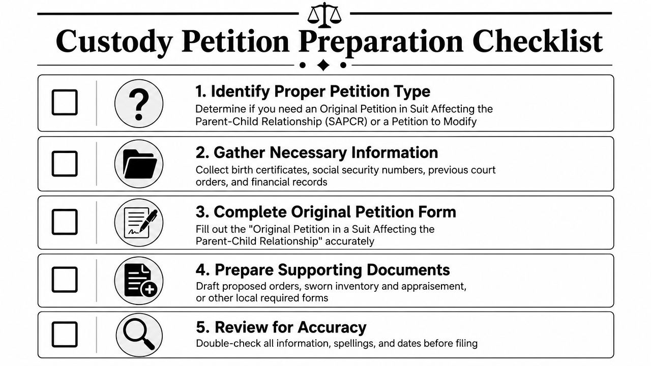 A five-step checklist for preparing a custody petition, including identifying the type, gathering documents, and reviewing information.