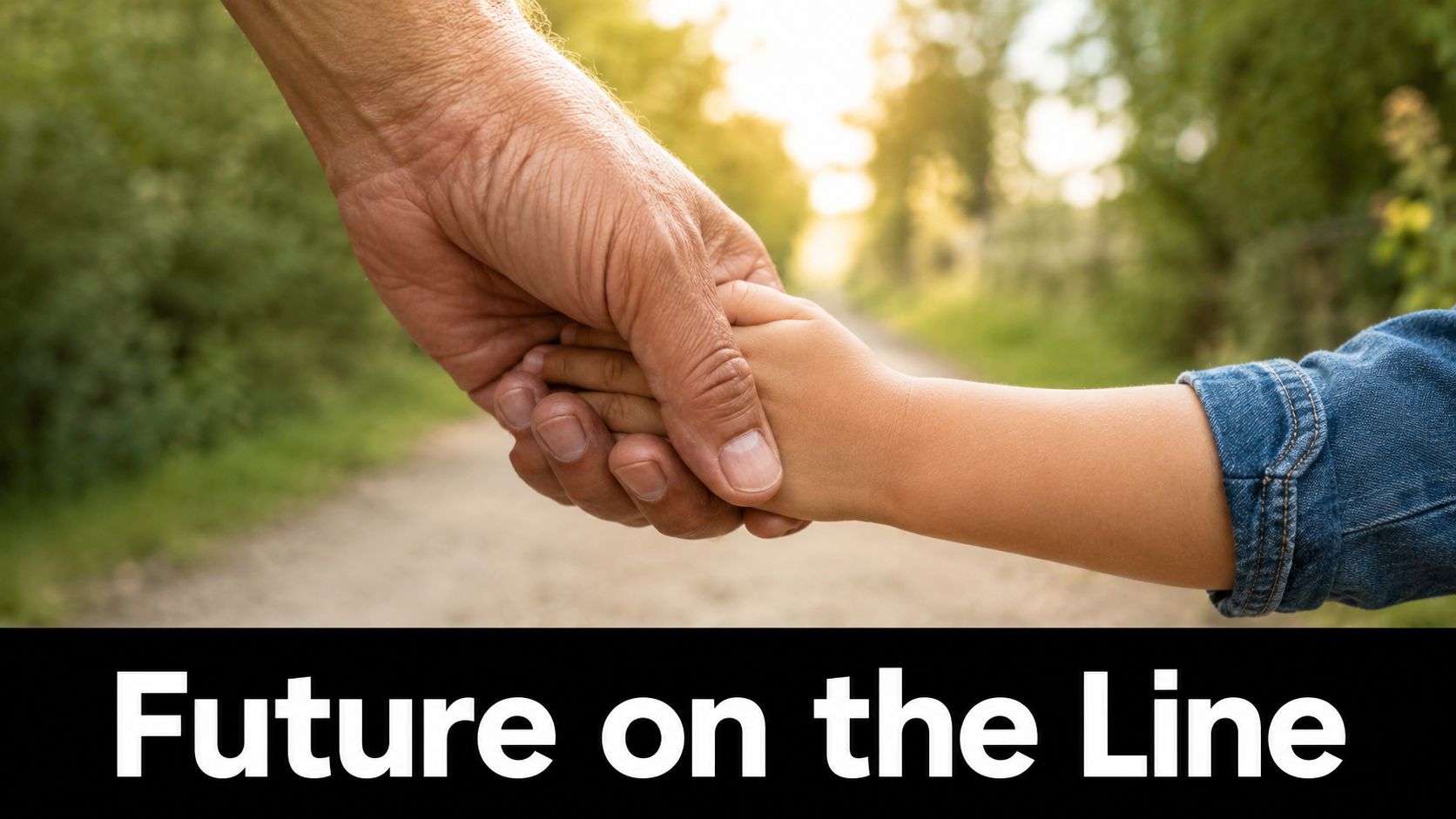 An adult holding a young child's hand on a dirt path, symbolizing guidance and future support.