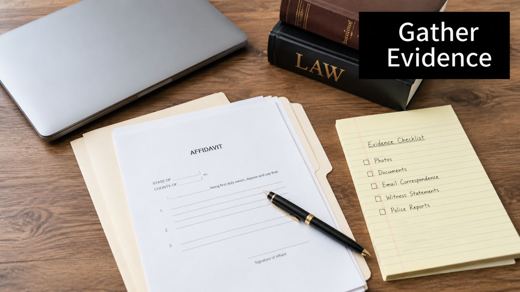 Legal documents, an affidavit, and an evidence checklist on a wooden table with a laptop and law books.