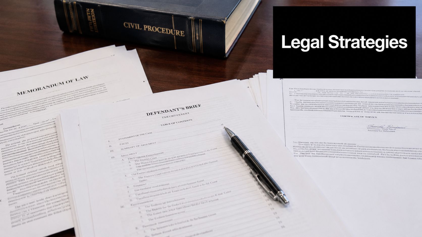 A legal workspace featuring a Civil Procedure book, a defendant's brief, and a pen on a desk.