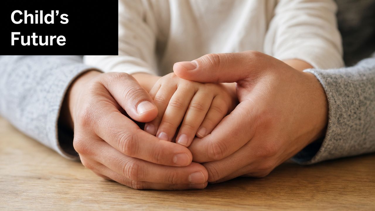 An adult holding the small hands of a child in a gesture of care and support.