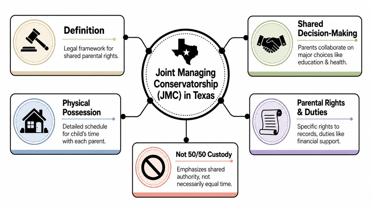 An infographic explaining the key aspects of Joint Managing Conservatorship (JMC) for parents in Texas.