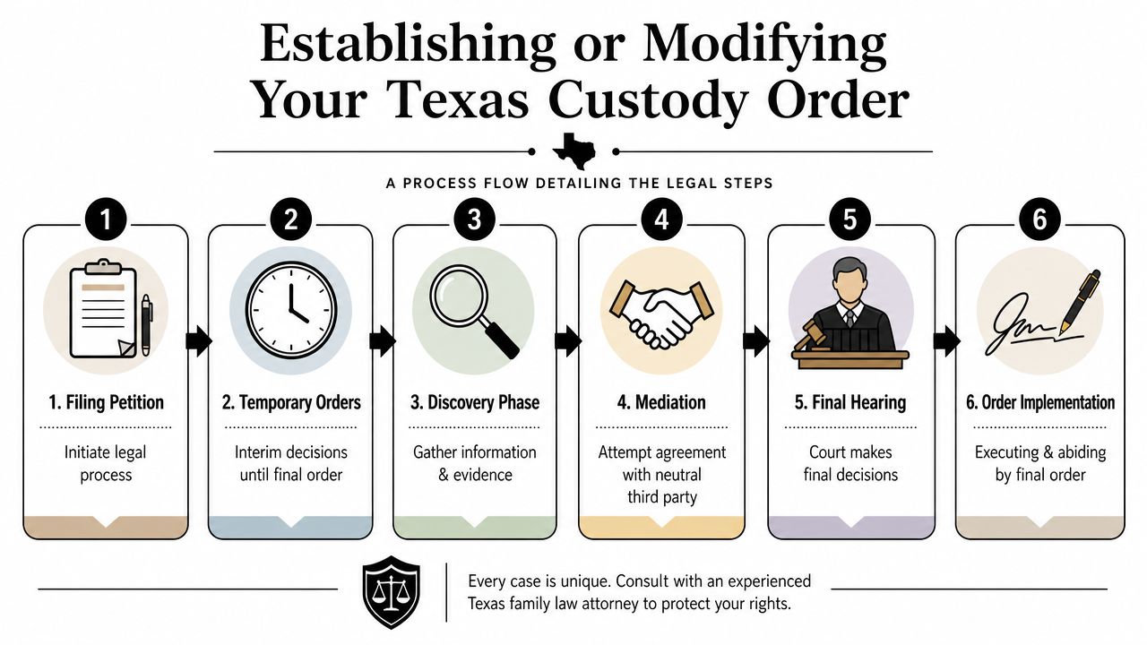 A process flow infographic outlining the six legal steps for establishing or modifying a Texas custody order.
