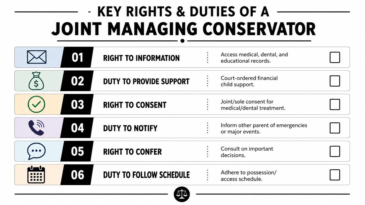A list outlining six key rights and duties for a joint managing conservator regarding child custody.