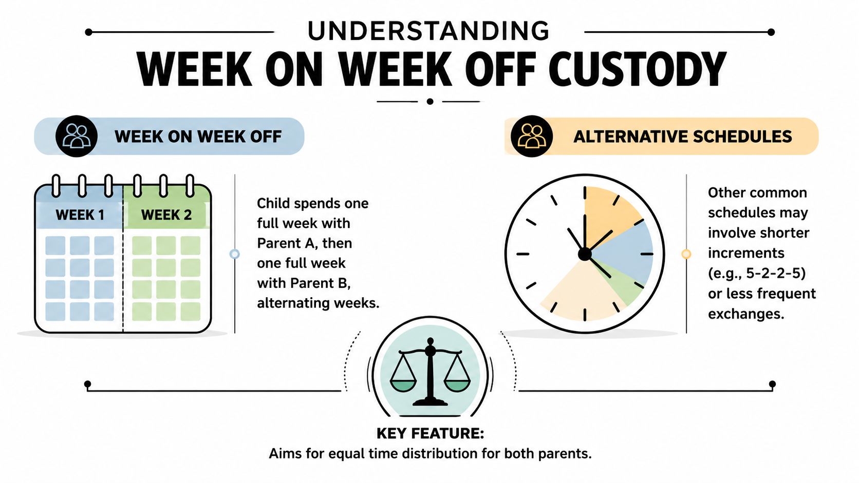 An infographic illustrating a week on week off custody schedule and alternative shared parenting time options.