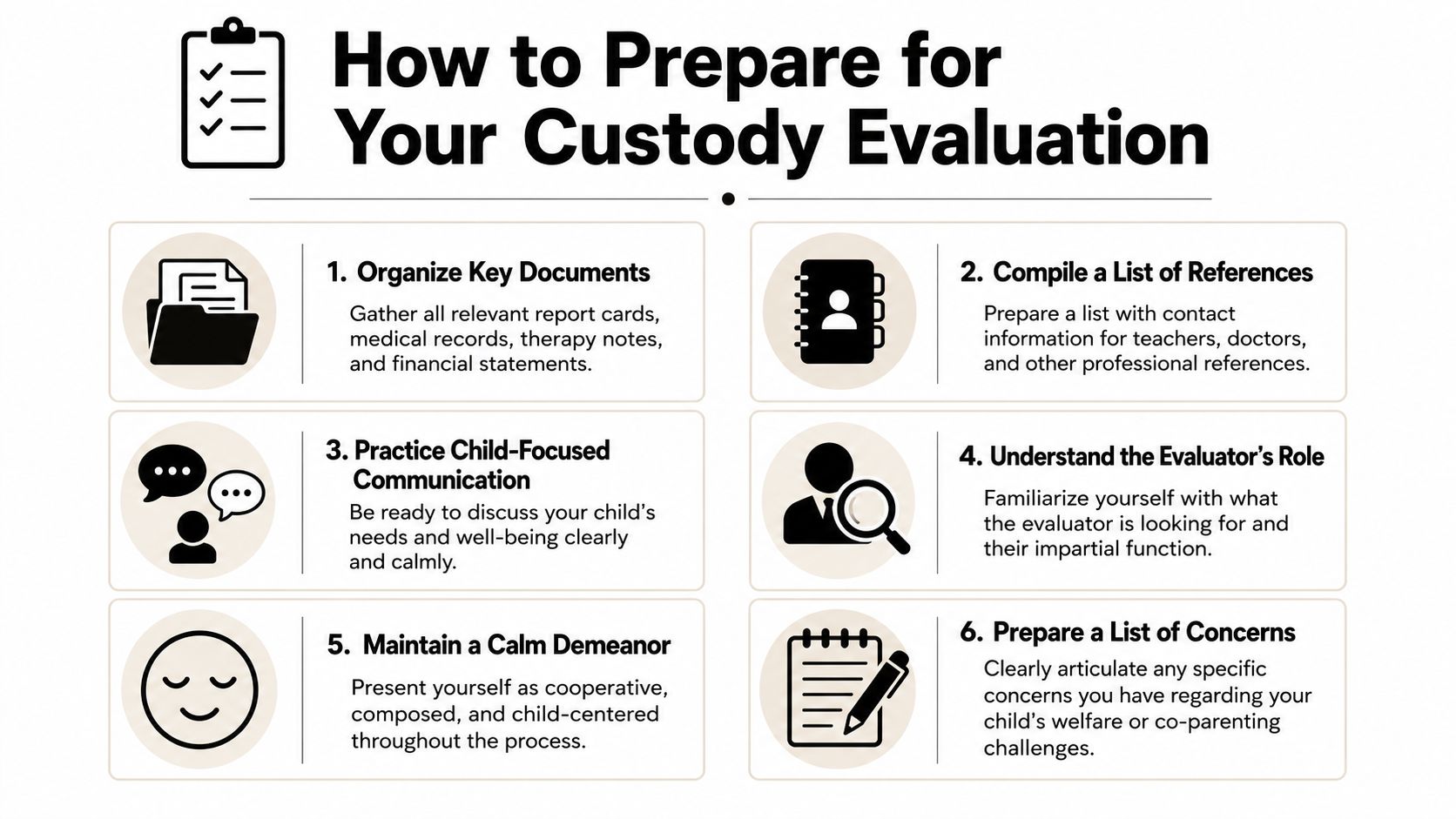 A checklist infographic titled How to Prepare for Your Custody Evaluation with six actionable tips for parents.