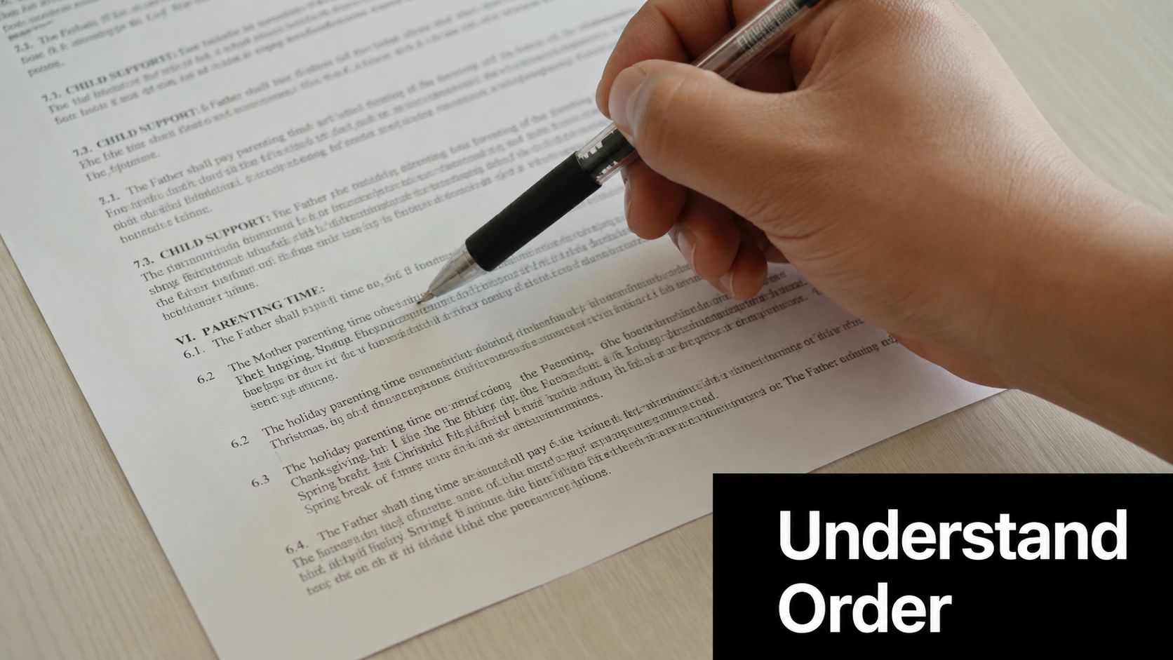 A person writing on a legal document about parenting time and visitation schedules with a pen.