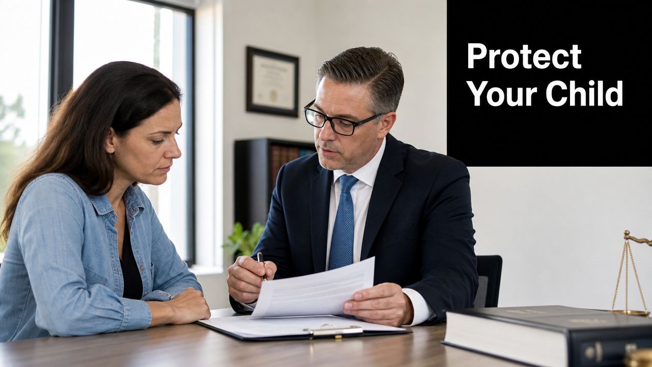 A concerned mother sits in a law office meeting with her attorney to discuss child protection legal matters.