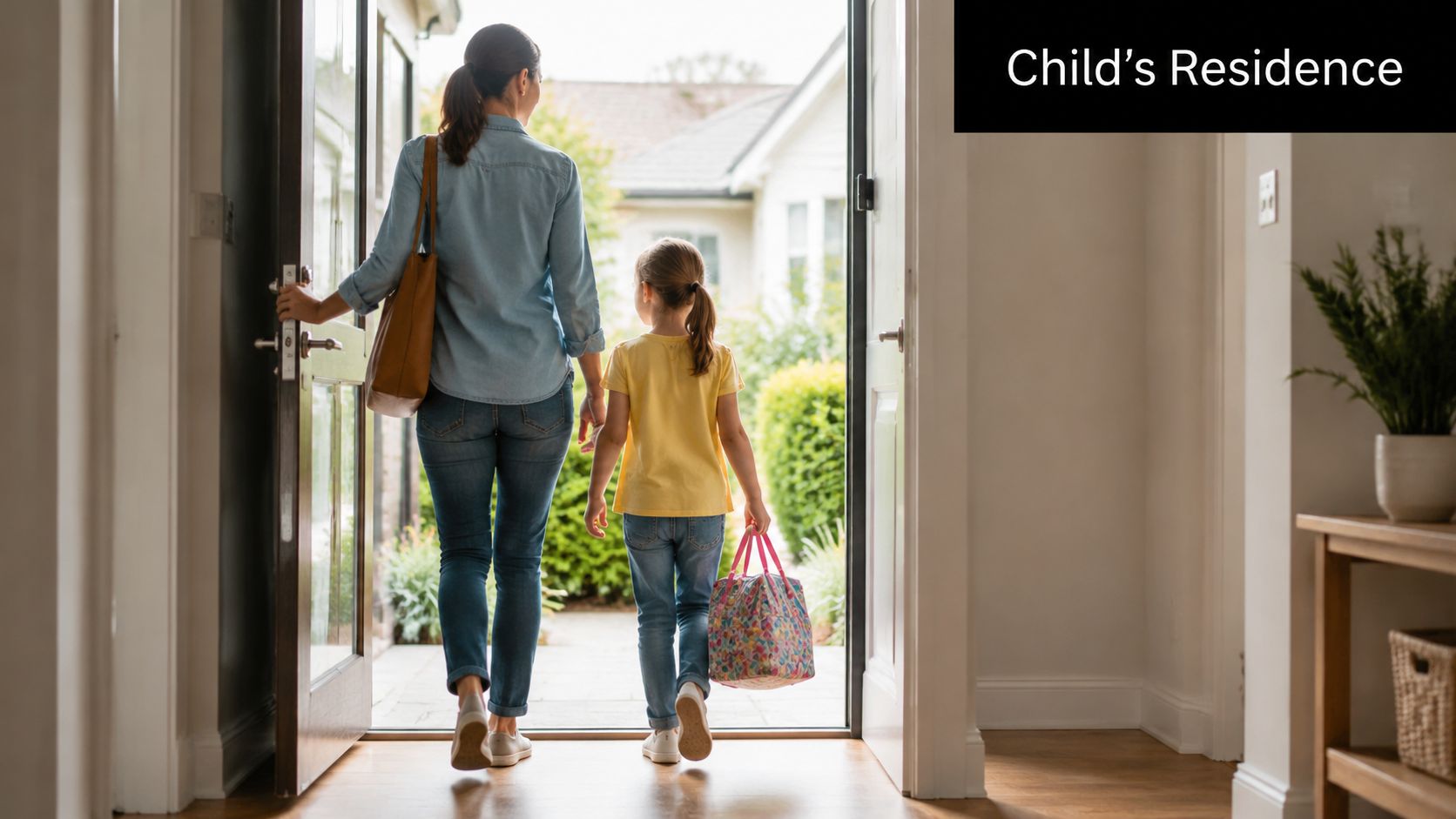 A mother and her young daughter walking together through an open doorway towards a residential backyard.