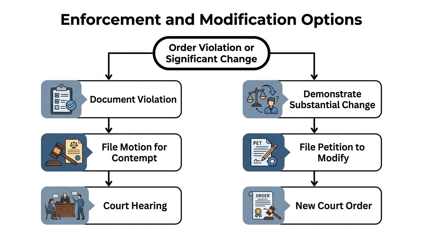 A flow chart outlining legal steps for handling order violations and seeking modifications of court decrees.