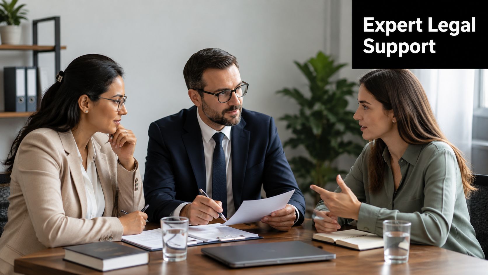 A professional lawyer consults with two female clients during a collaborative meeting in an office setting.