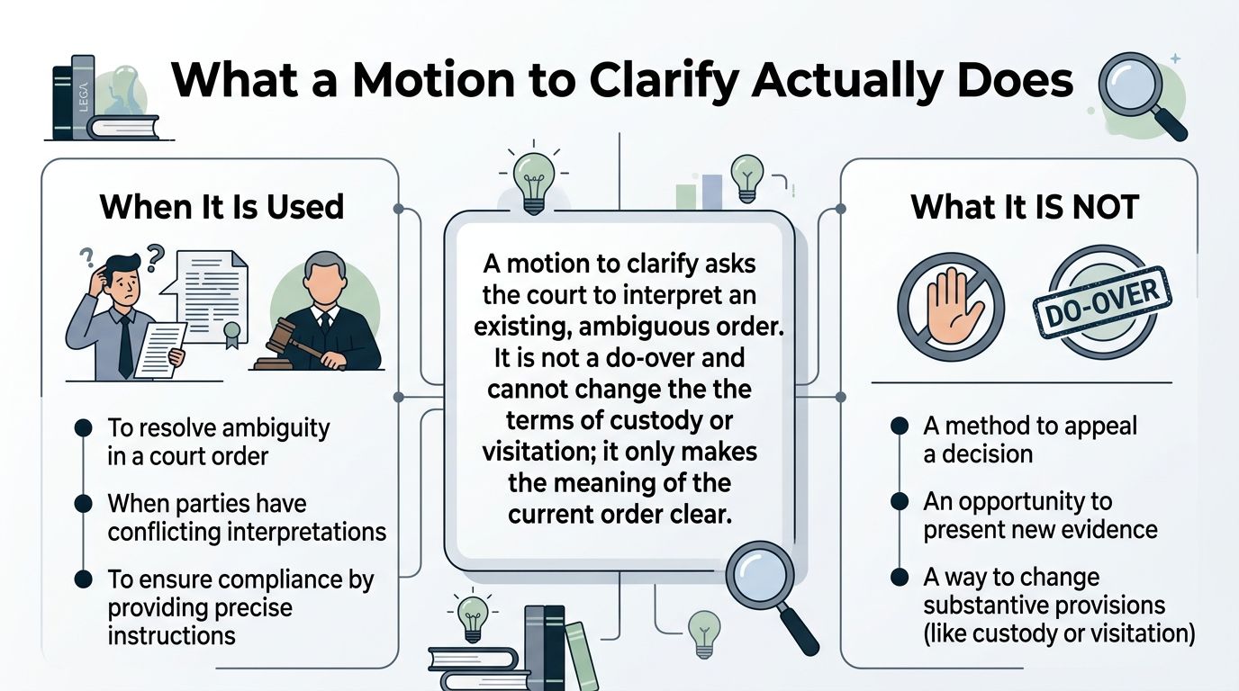 An infographic explaining that a motion to clarify resolves ambiguities in court orders but cannot change them.