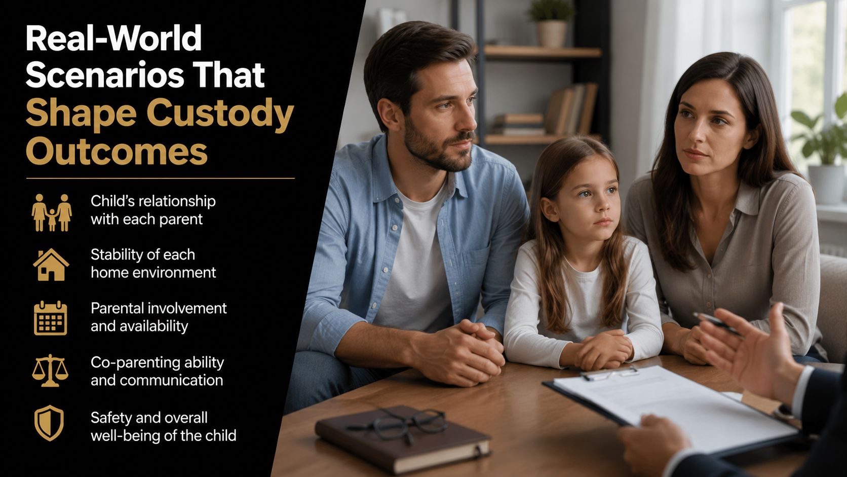 A family meeting with a legal professional to discuss factors that influence child custody legal outcomes.