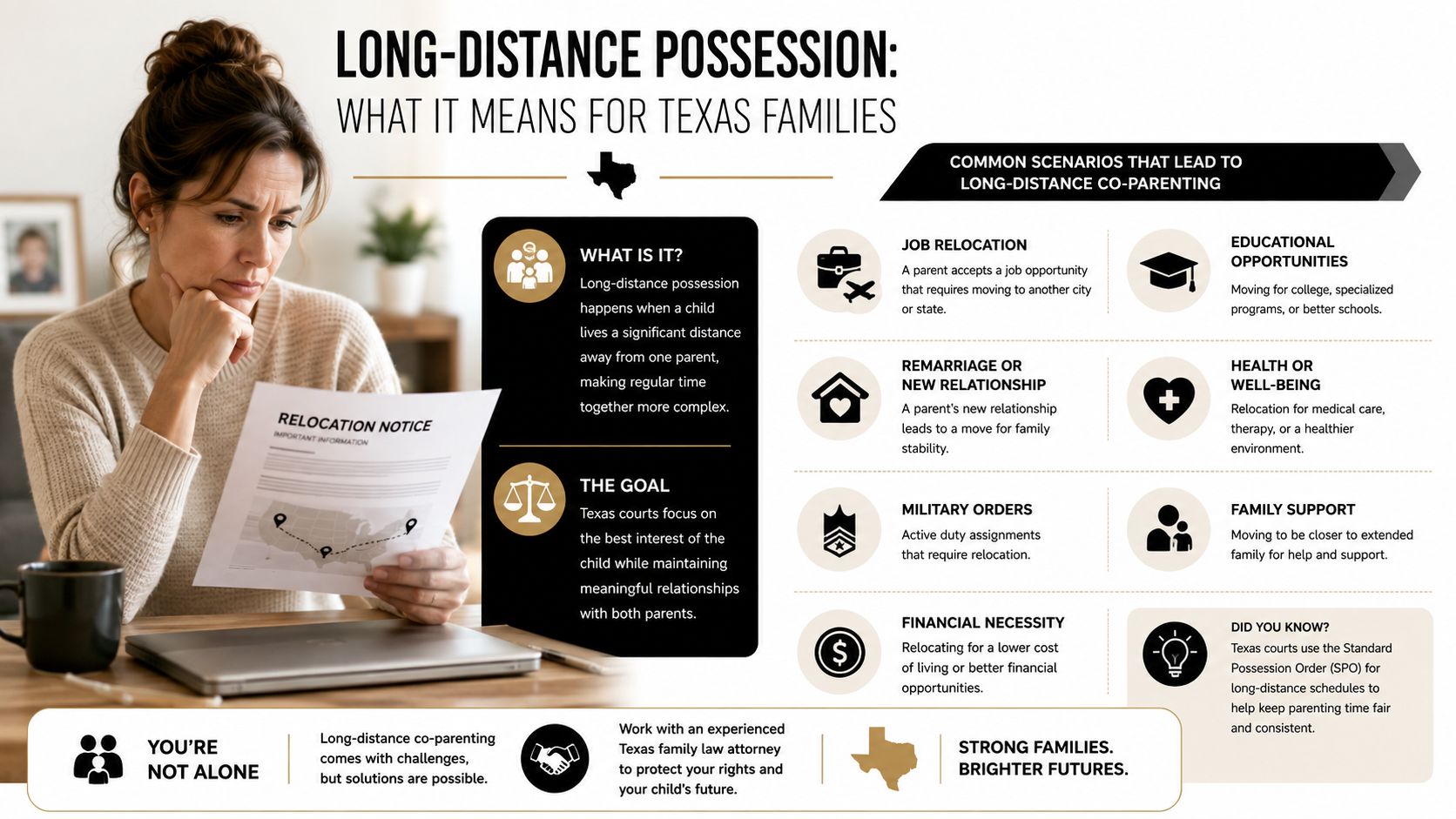 A woman reads a relocation notice while considering the complexities of long-distance child custody in Texas.