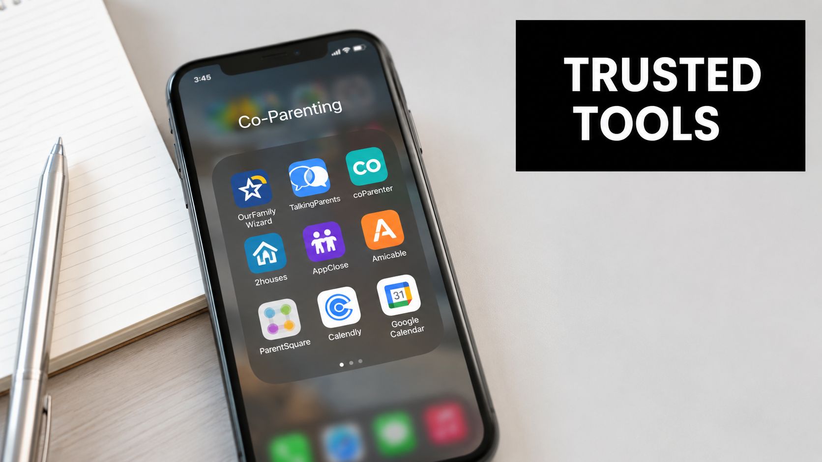 A smartphone screen displaying a folder titled Co-Parenting with various mobile application icons for shared parenting.