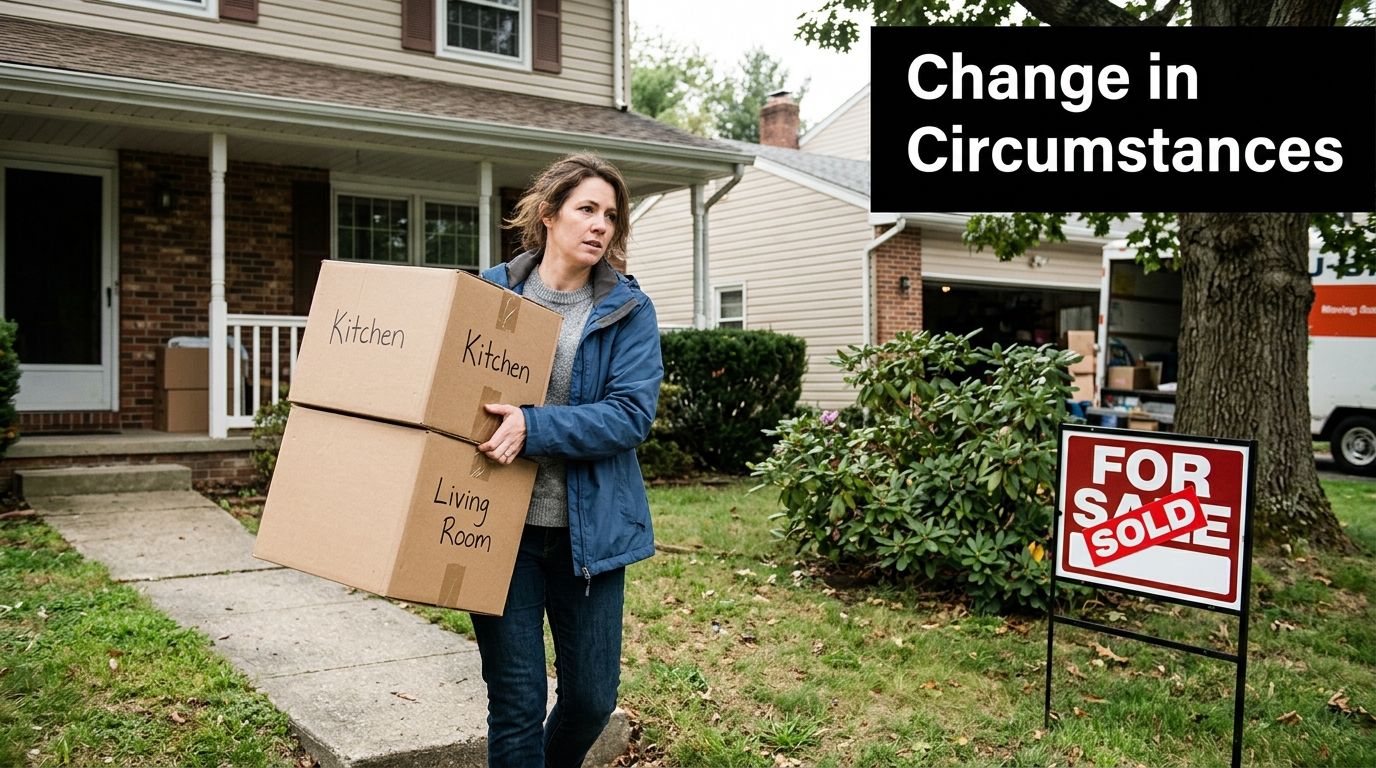 A woman carrying cardboard boxes from a house with a sold sign in the front yard.