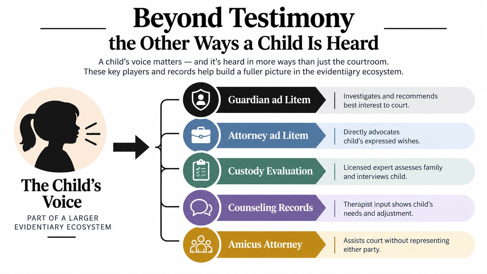 An infographic showing the various legal professionals and records that represent a child's voice in court.