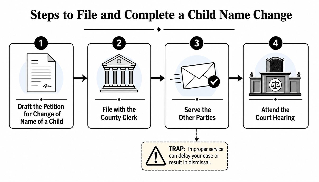 A flowchart showing the four steps to file and complete a legal child name change process.
