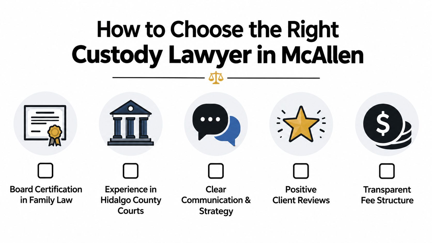 An infographic titled How to Choose the Right Custody Lawyer in McAllen, displaying five essential criteria.