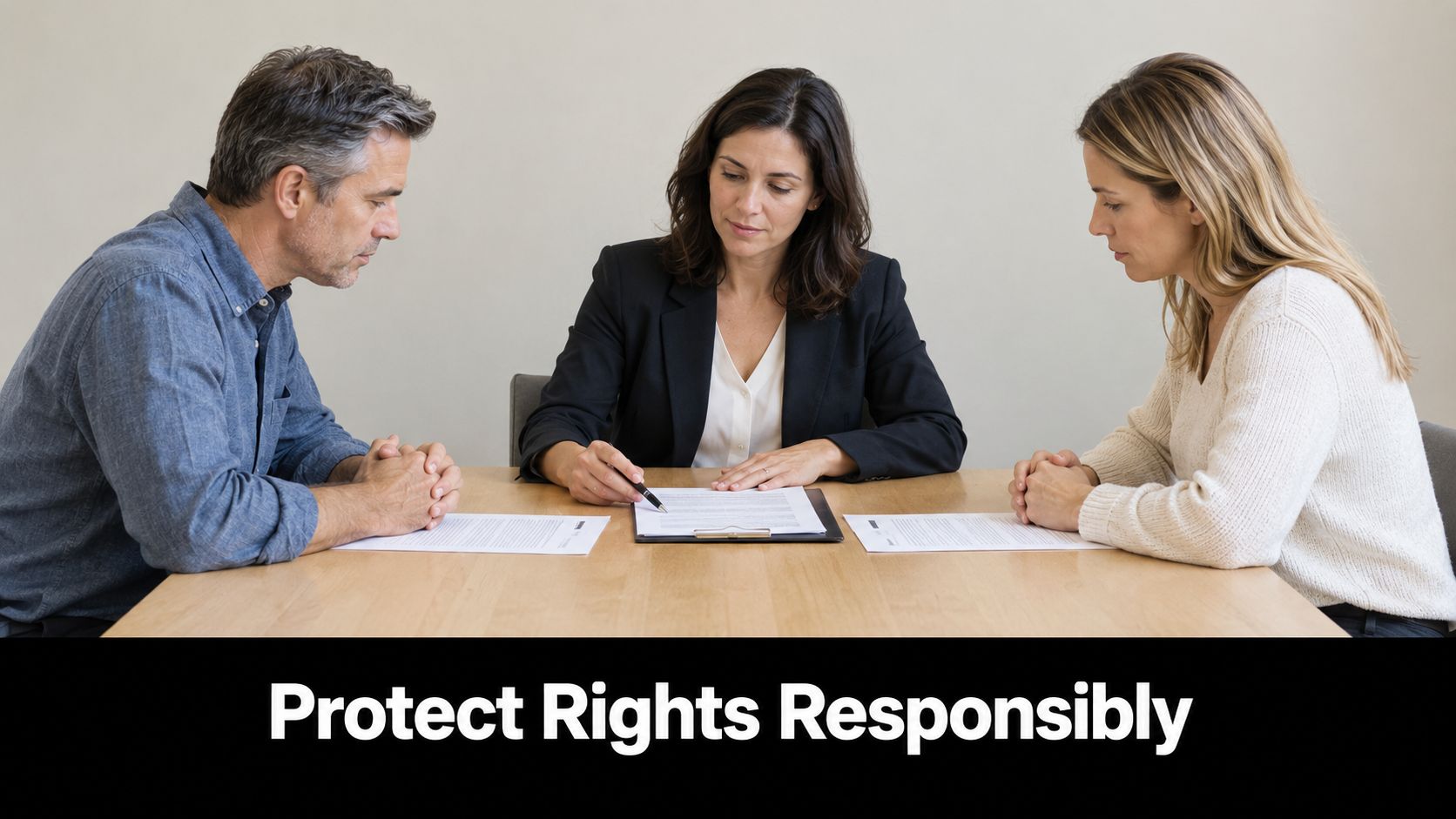 A professional mediator or attorney consults with a couple about legal documentation while sitting at a desk.