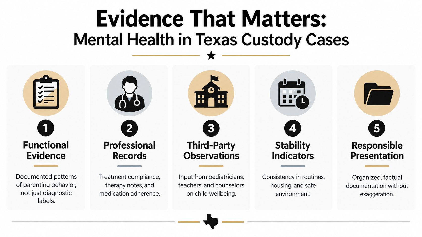An infographic titled Evidence That Matters showing five types of evidence for Texas mental health custody cases.