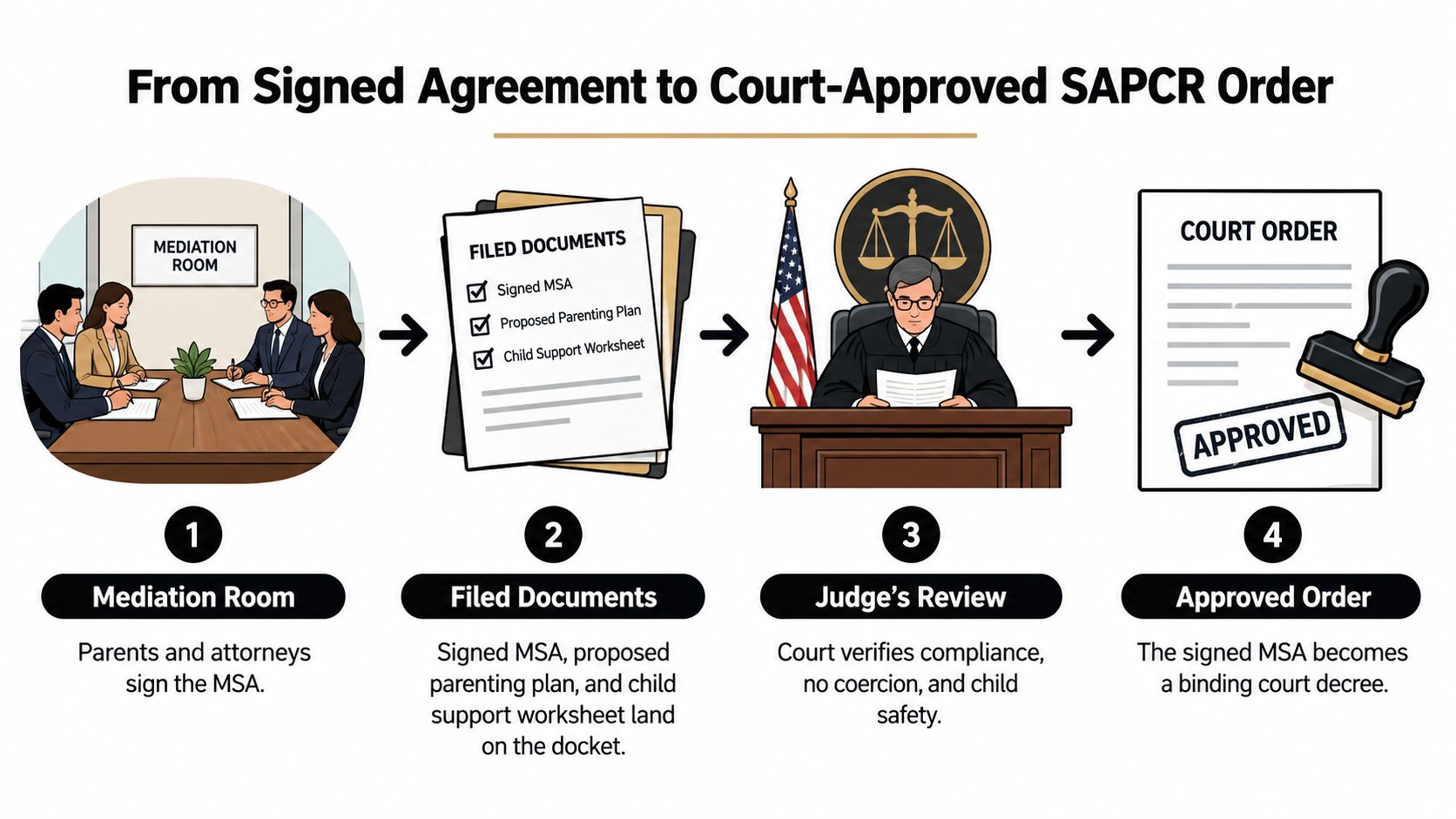 An infographic showing the four steps from a signed mediated settlement agreement to a final court-approved SAPCR order.