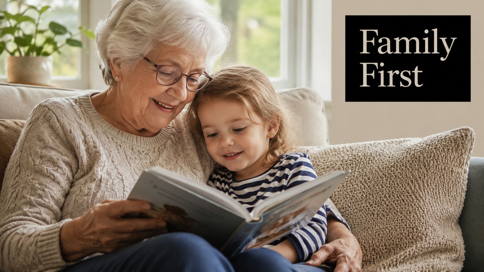 A loving grandmother reading an open picture book to her young granddaughter while sitting together comfortably.