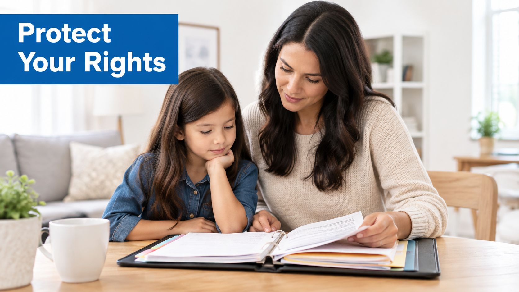 A mother and daughter looking at legal documents together at a table, focused on protecting their rights.